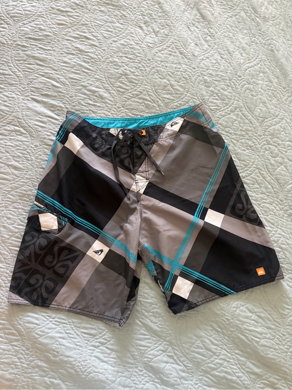 Quiksilver Men’s Black, Gray & Teal Plaid Board Shorts